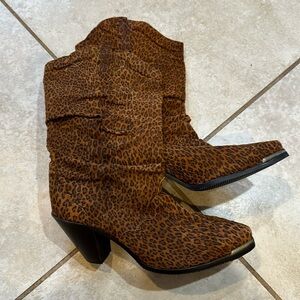 Vintage Leopard Suede Slouch Cowboy Boots 7.5